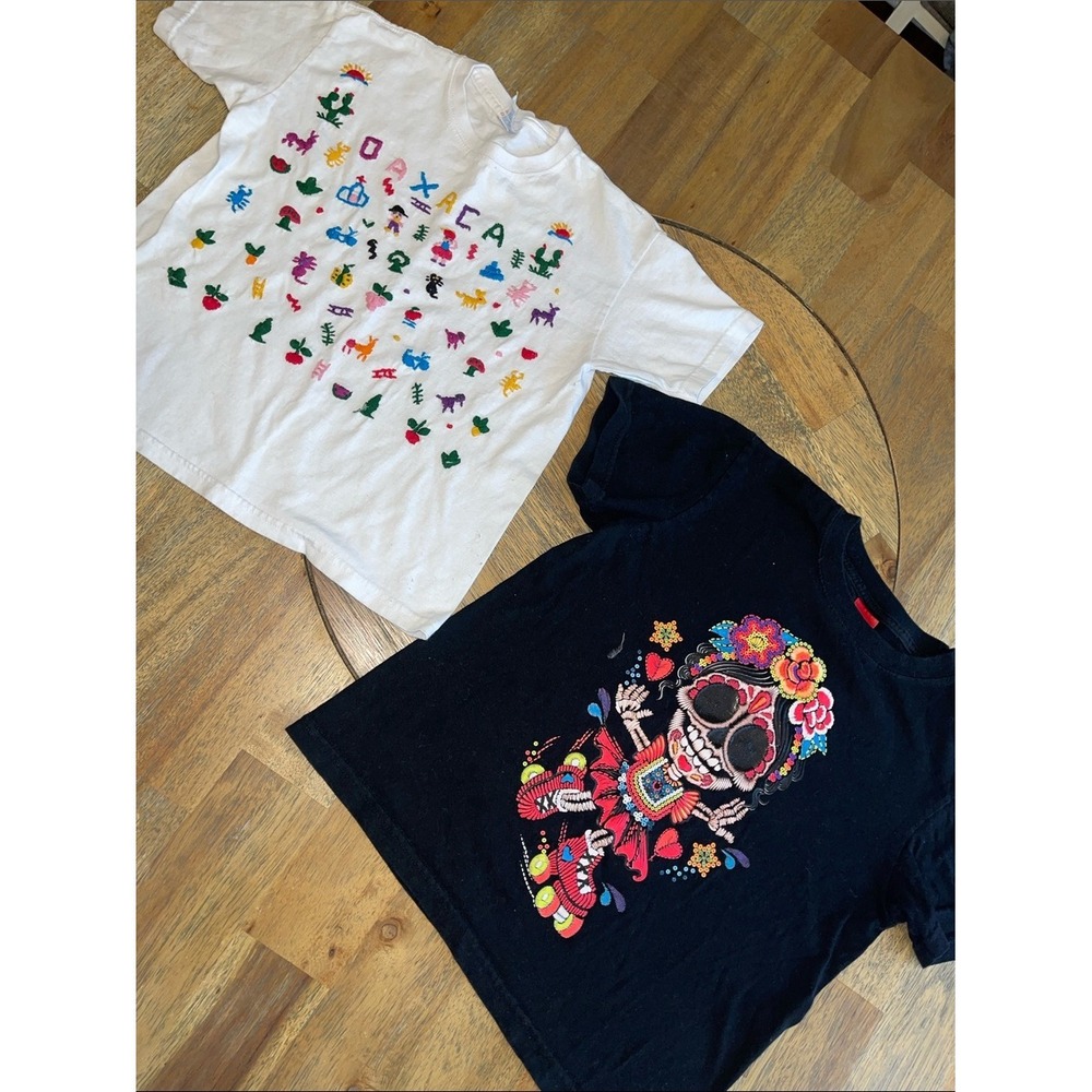 Kids White Embroidered Oaxaca Tee and Black Sugar Skull Graphic Tee Set Large